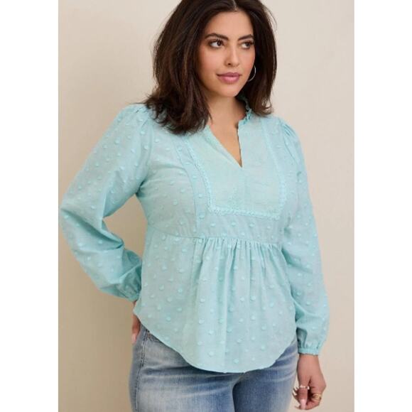 Torrid Plus Clip Dot Mixed Eyelet Yoke Peasant Top Blue Size 1X - Picture 1 of 11